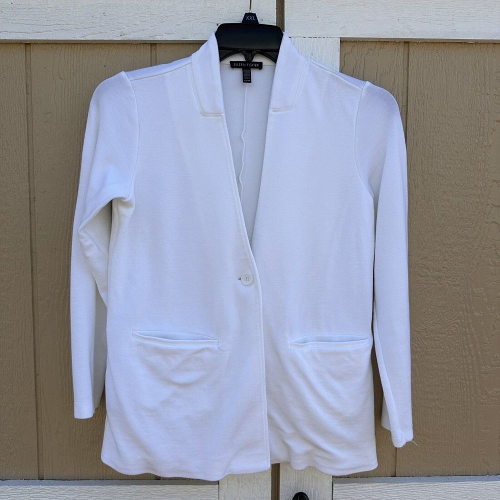 Eileen Fisher White One Button Blazer Jacket Women’s Size XS Tencel Stretch